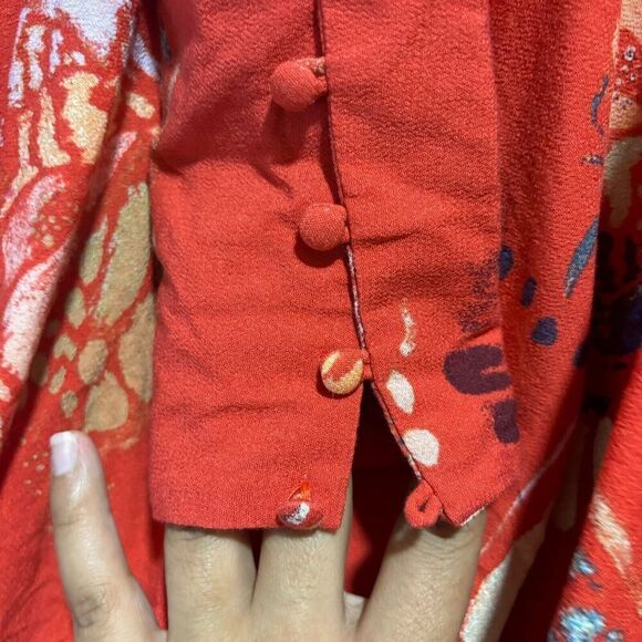 Free People Boho Blouse Tunic Top Small Floral Tomato Combo Hi-Low Long Sleeve - Picture 6 of 8